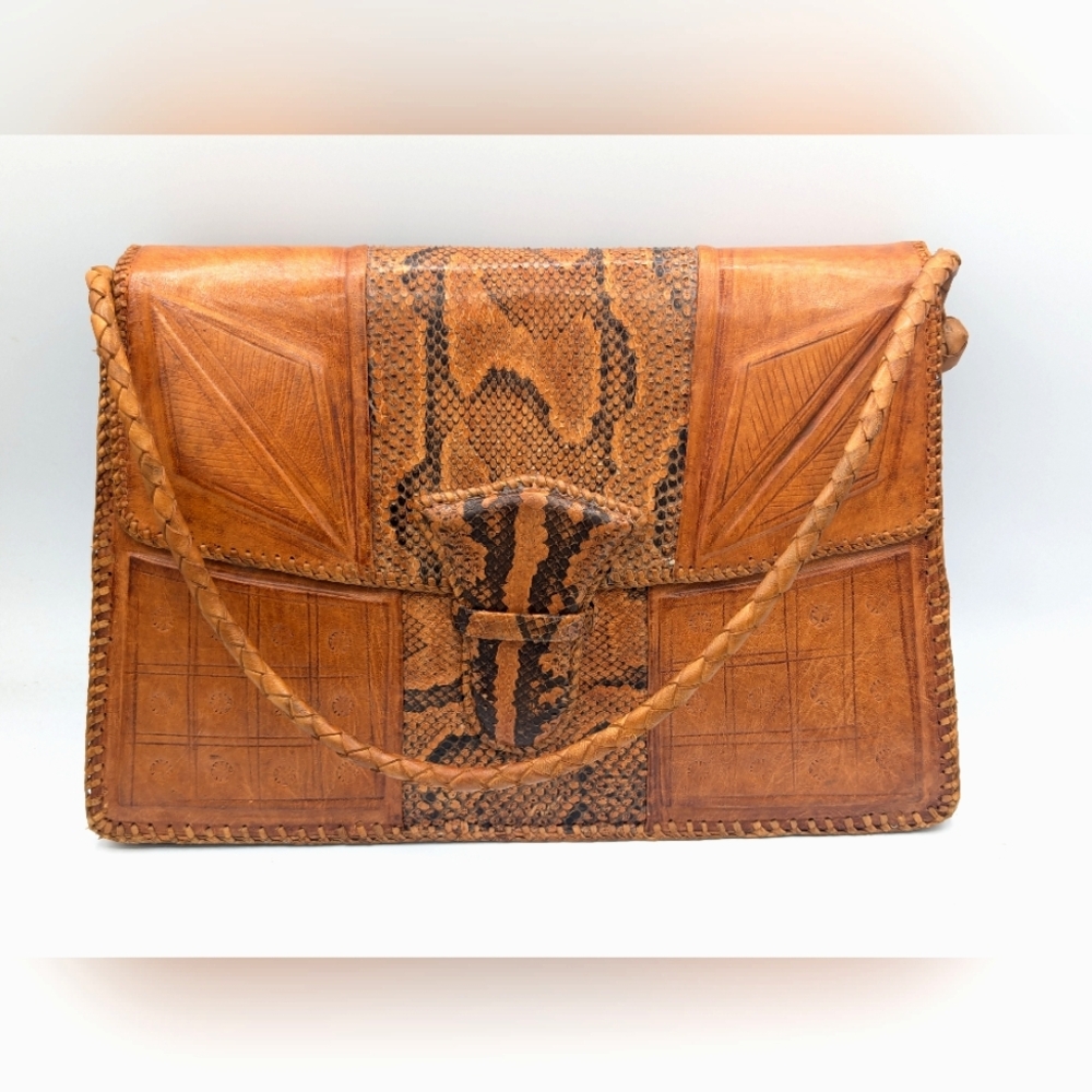 Vintage Hand Tooled Genuine Leather and Snakeskin bag